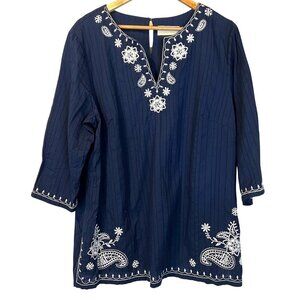 Alfred Dunner Womens Navy White Embroidery Tunic Top‎ 16 Coastal Nautical Beach